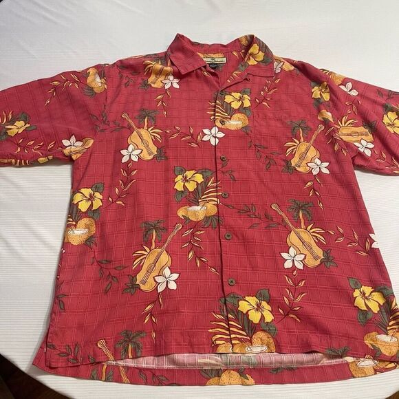 Tommy Bahama Hawaiian 100% Silk Shirt Coconuts Ukelele Palm Mens Large - Picture 1 of 4